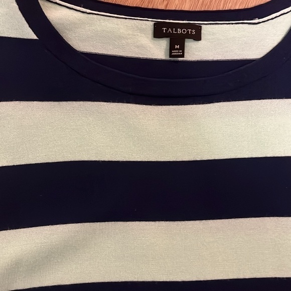 Talbots Mint Green/Navy Lightweight Striped Sweater Pleated Trim Cuffs Medium - Picture 2 of 6